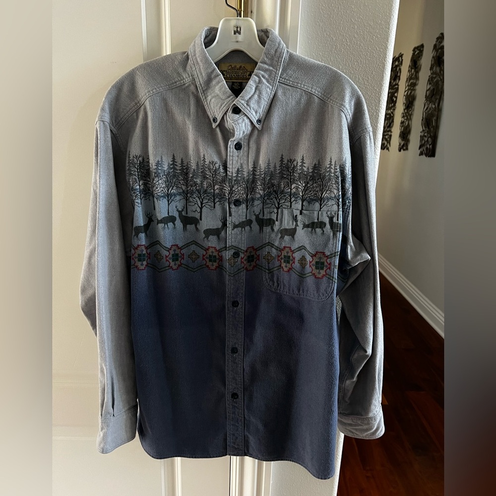 CLEARANCE Mens L Vintage Cabelas Deerskin Chamois Shirt Aztec Deer Print